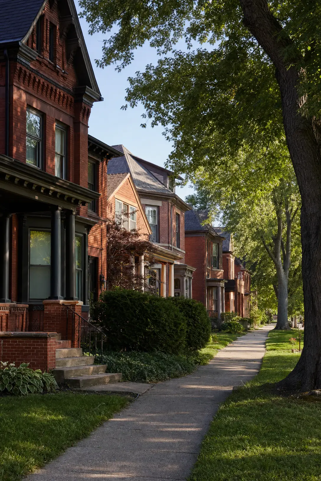 A Detroit residential street of brick homes in morning light