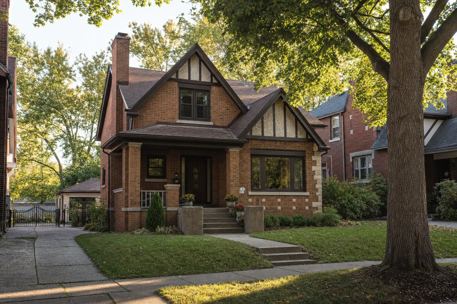 A classic Detroit brick home with a covered front porch