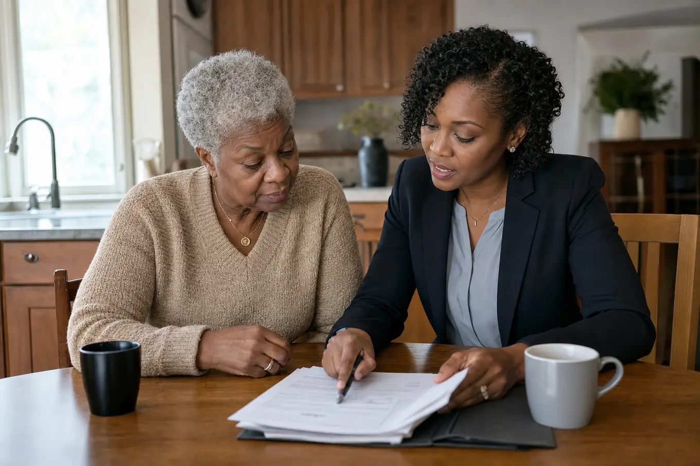 Two people reviewing documents together at a kitchen table